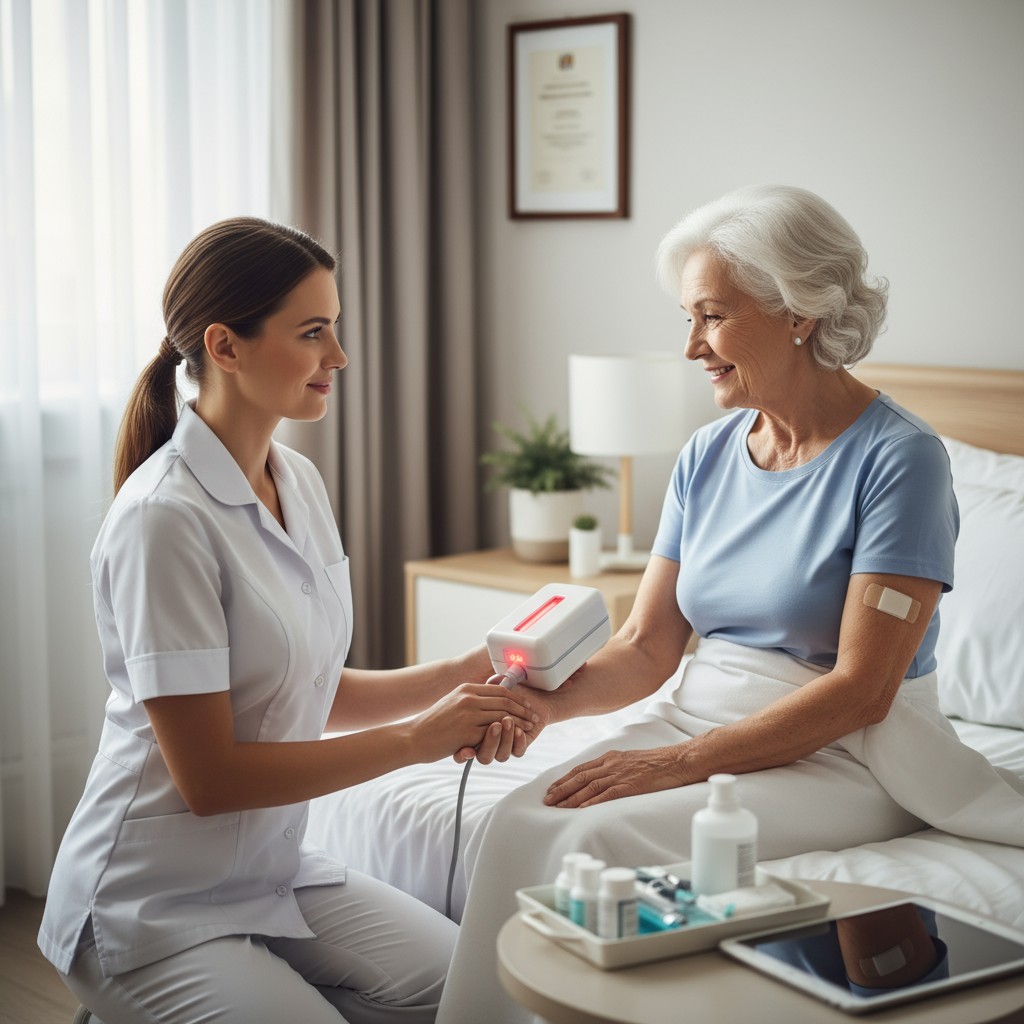 Uma enfermeira testando a tensão arterial de uma mulher idosa em cama, usando um aparelho portátil para ler o pulso na sala.