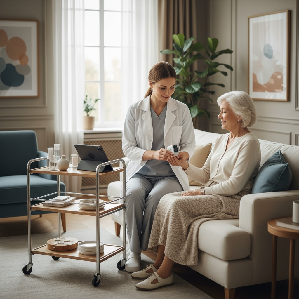 Two women sitting on a couch in what looks like a living room, one of them wearing a lab coat, holding some kind of device...
